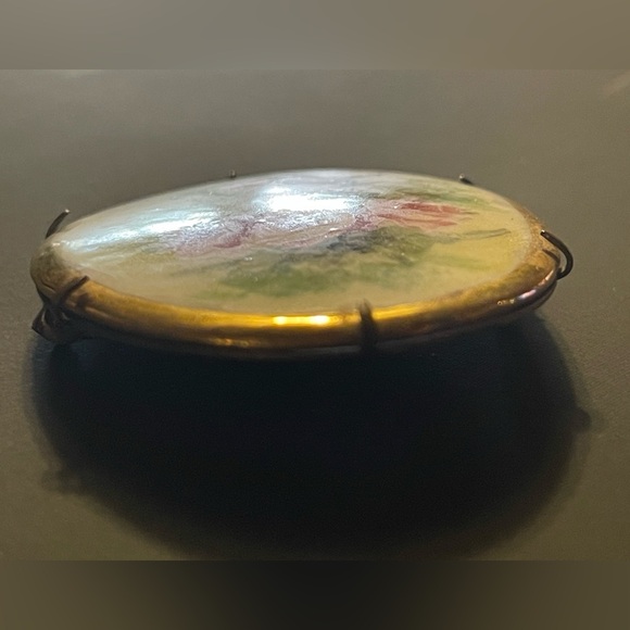 Antique Victorian Hand Painted Porcelain Floral Pink Rose Flower Brooch Pin - Picture 11 of 15